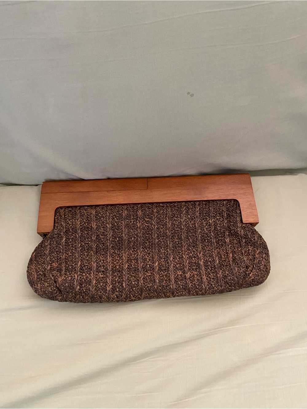 Woven Brown Raffia Woven Clutch with Wooden Frame
